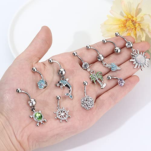 Sllaiss 10Pcs 14G Belly Button Ring Surgical Steel Cute Ocean Dangle Belly Button Piercing Jewelry Navel Rings Set Cz Inlaid Dangling Belly Rings For Women(Silver) #TOP5