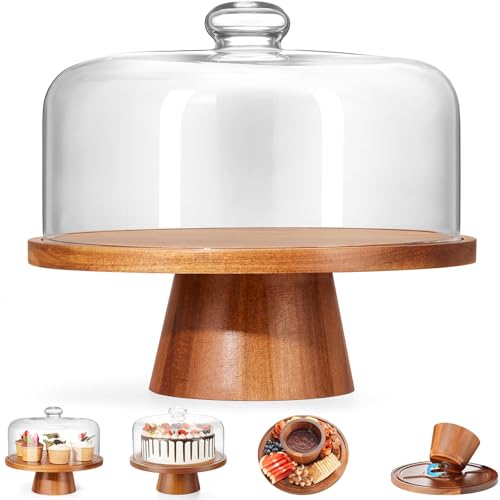 Yangbaga Wood Cake Stand with Glass Dome 2-in-1 Magnetic Cake Stand with Lid-Multifunctional Cake Plate with Cover for Birthday/Kitchen/Party/Charcuterie Board 11IN