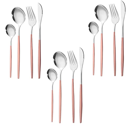 Image of Stainless Steel Flatware Set - Mirror Polished Cutlery for Dinner, Kitchen Utensil with Fork, Spoon, Knife Silverware Tableware Lunch Box(Pink-Blue, Set of 12)