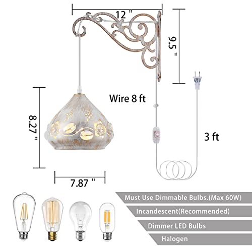 Image of Boho White Hanging Lights Plug in Wall Sconces Set of Two,Rustic Farmhouse Dimmable Wall Lamps Plug in Wall Mounted Lights for Bedside Bedrooms Living Room