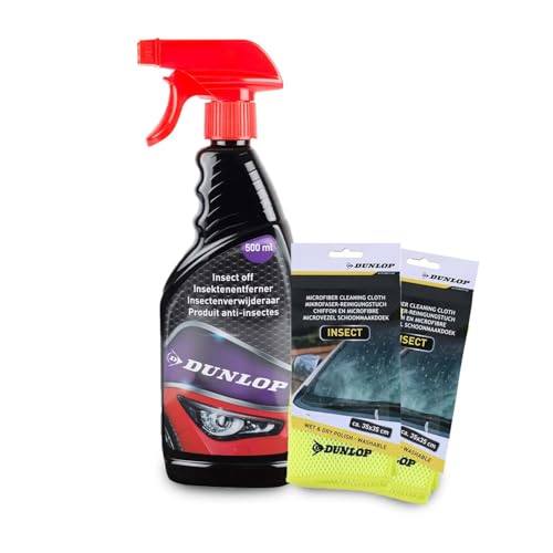BM TOOLS Pack Détachant Insectes 500ml et 2 Microfibres 35x35cm Dunlop - Élimine Résidus, Pare-Brise Carrosserie, Lavable