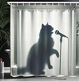 Ambesonne Cat Shower Curtain, Shadow of a Singing Kitty Funny Bath Time Musician Animal Humorous Joke, Cloth Fabric Bathroom Decor Set with Hooks, 69' W x 70' L, Dark Blue Grey Off White