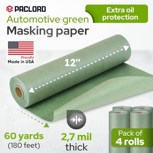 Image of 12 inch x 60 Yards (180 feet) Green Masking Paper with Extra Oil Protection for Automotive Painting Industries (Pack of 4) - Made in USA Masking Paper for Painting Cars, Protection from Splatter