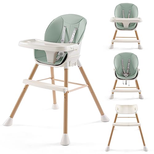 Image of 6-in-1 Convertible High Chair for Babies and Toddlers, Baby Feeding Chair with Adjustable Legs & Double Dishwasher Safe Tray, Infants Eating Chair with Footrest & Safety Harness (Mint Green)