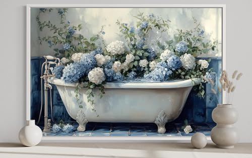 Baignoire sur pieds et hortensias tableau mural grand format pour douche