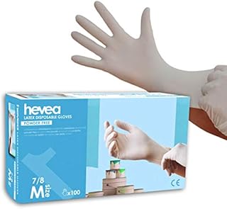 Hevea - Disposable, powder-free latex gloves. Chlorinated inside to minimise allergic reactions. Pack of 5 boxes with 100 gloves each. Size: M (Medium)