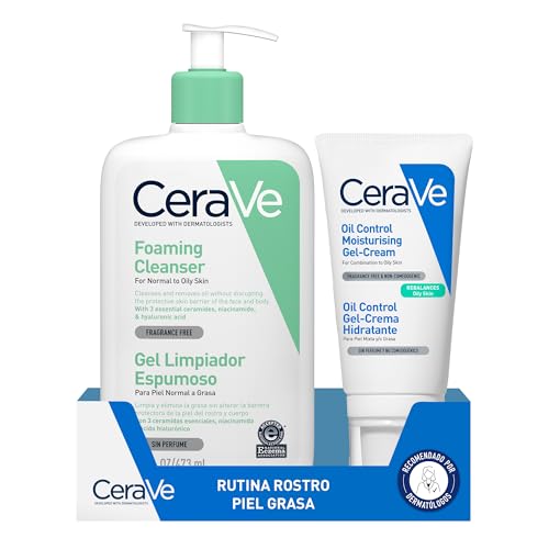 CeraVe Rutina facial para pieles grasas — Limpia y equilibra la piel con el Gel Limpiador Espumoso y el Oil Control Gel-Crema Hidratante con ácido hialurónico, 3 ceramidas esenciales y niacinamida.