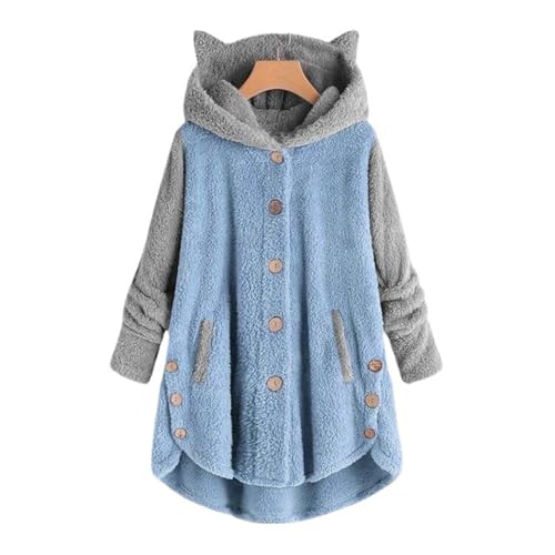Women's Winter Coat Cat Ear Hoodie Long Sleeve Button Down Teen Girls Cute Pajama Jacket Winter Loungewear,Blue,M2