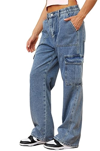 QYANGG High Waist Stretch Cargo Pants Women Baggy Multiple Pockets Relaxed Fit Straight Wide Leg Y2K Pants