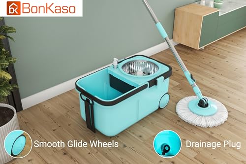 Image of BonKaso Rider 360 Spin Mop with Stainless Steel Wringer, Big Wheels & Adjustable Handle, Easy Floor Cleaning Mop Bucket Set with 2 Microfiber Refills - Sky Blue & Black
