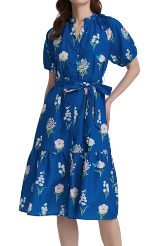 Women Summer Floral Midi Dress Puff Short Sleeve V Neck Button Belt Casual Flowy Maxi Beach Vacation Dresses