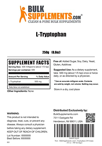 Bulksupplements.com L-Tryptophan Powder - Amino Acids Supplement For Mood Support - 500Mg Of L-Tryptophan Powder Per Serving, 500 Servings - Unflavored, Gluten Free (250 Grams - 8.8 Oz) #TOP1