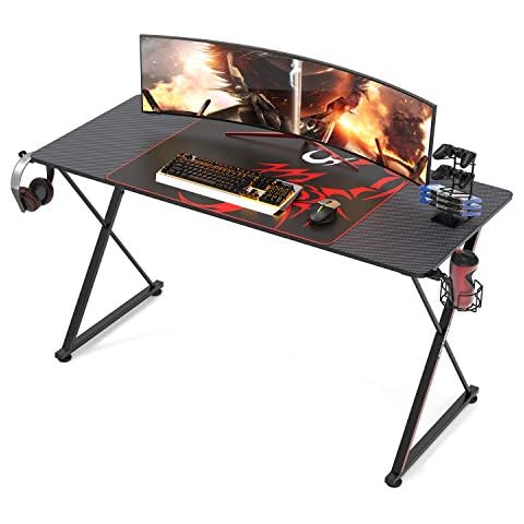 DESIGNA 55'' Gaming Desk, X-Shape Computer Desk Small Desk Gamer Workstation with Free Mouse pad, Cup Holder& Headphone Hook & Controller Stand, for Home Office, Black Cover