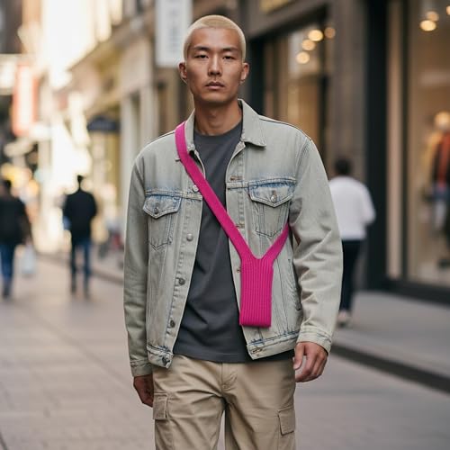 Image of iPhone Pocket Features a Singular 3D-Knitted Construction Designed to fit Any iPhone a Beautiful Way to wear and Carry nitted Scarf with Contrast Stripe Detail, Unisex, (Pink) (Long)