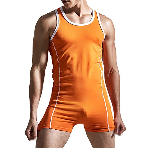 Men's One Piece Cotton Boxer Briefs Lingerie Bodysuit Teddy Stretchy Mankini Thongs Tights Leotard Top Bodywear Wrestling Singlet Lounging Underwear Orange