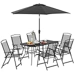 Outsunny 8 Piece Patio Dining Set with Table Umbrella, 6 Folding Chairs and Rectangle Dining Table, Outdoor Patio Furniture Set, Black