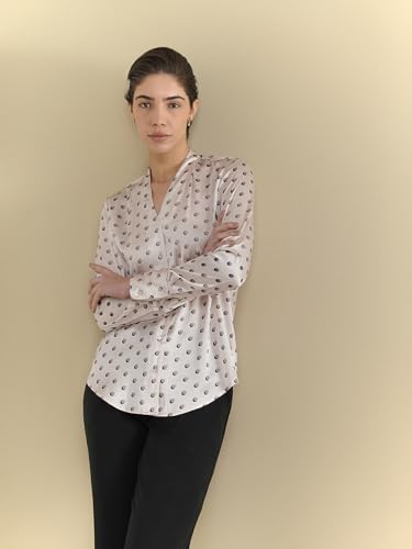 Image of FableStreet Women Formal Shirt | Relaxed Fit V-Neck Polka Dot Pattern with Pleated Detailing | Satin Fabric for Business Casual