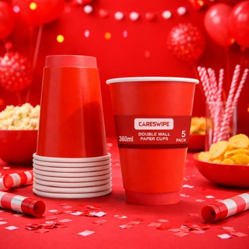 Image of Red Paper Cups 5 Pcs, Disposable Cups, Paper Glass Hot & Cold Beverage Juice, Cofee, Cold Drinks Cups for Parties, Events, Offices, and Homes