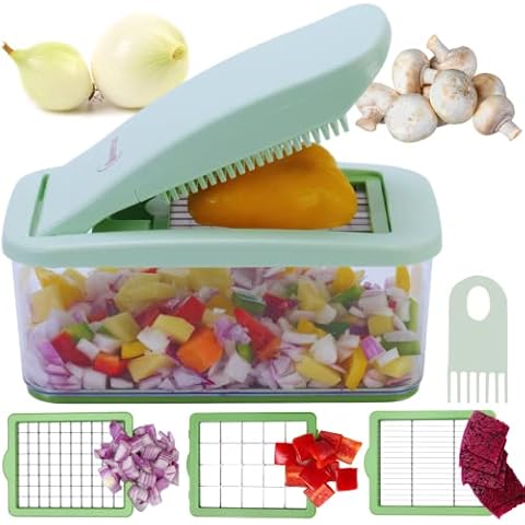 Brieftons QuickPush Food Chopper: Vegetable Chopper Dicer Slicer, Onion Chopper Vegetable Cutter, 3 Extra-Large Blades with 200% More Cutting Area to Chop Dice Slice Vegetables, 2.6-Quart Container Cover