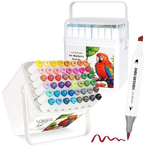 AMIVARTORS Alcohol Markers Brush Tip, 48 Colors Dual-Tip Artist Markers, Brush & Chisel, 3.5g Large-Capacity Ink, with Kickstand Case, For Adult Coloring, Sketching, Design, Comics and Gifts