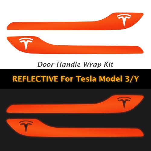 Image of IPG Compatible for Model 3 / Model Y /Juniper Door Handle Decal Sticker Wrap Kit (Set of 4) with Tesla Logo Personalize Your Tesla (Reflective Series - Orange)