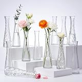 12 Pack Glass Bud Vases, Assorted Textured Clear Flower Vases Bulk, Rustic Modern...