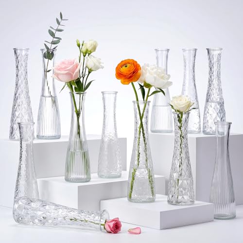 12 Pack Glass Bud Vases, Assorted Textured Clear Flower Vases Bulk, Rustic Modern Table Centerpiece Vase, Decor Vase for Wedding Home Hotel Restaurant Birthday Gift