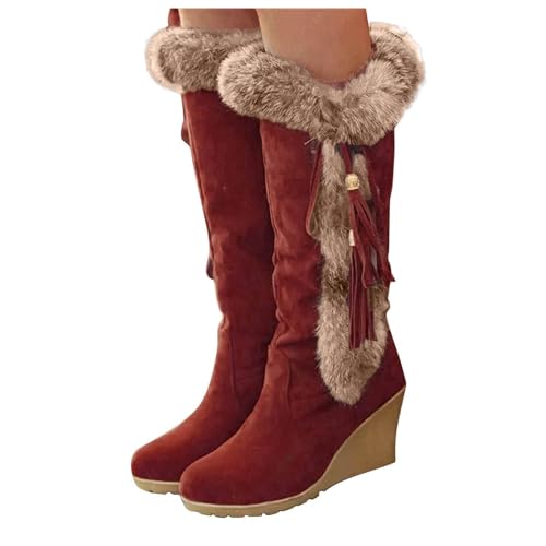 Women's Winter Warm Outdoor Mid Calf Boots High Heels Wedge Snow Bootie Faux Fur Comfortable Knee High Fuzzy Boots2