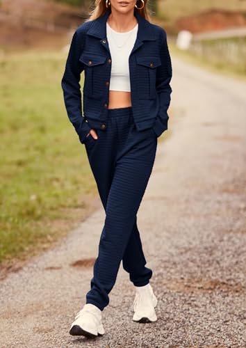 Image of PRETTYGARDEN Womens Two Piece Sets Fall 2026 Long Sleeve Button Down Shacket Jacket Long Sweatpants Tracksuit Winter Clothes