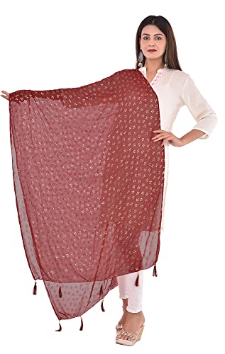 Image of YOUTHQUAKE Soft Chiffon Dupatta with Golden Foil Print & Tassels for Women & Girls