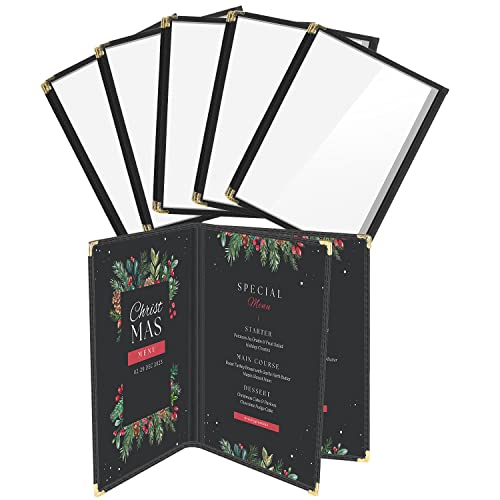 Flexzion Menu Cover 8.5x11 inch Black Triple Fold Book Style Holder with 3 Page 6 View Protective Corner for Restaurant Hotel Deli Cafes Bars Pubs