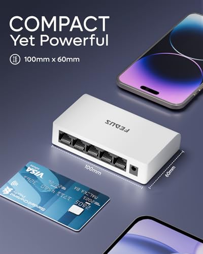 Image of FEDUS NEXTPORT-500, 5-Port Fast Ethernet Switch 10 /100Mbps, Network Splitter Hub for Desktop & SOHO, Unmanaged Plug & Play RJ45 LAN Expander, Fanless, for PC, Router, CCTV & Smart TV,Laptop,Gaming,Nas