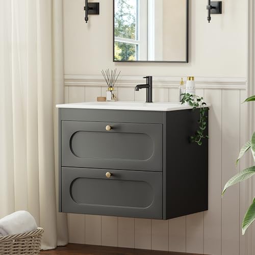 Mepplzian Under Sink Bathroom Cabinet,Bathroom Vanity Units with Basin,Wall Hung Vanity Unit with Wash Basin Ceramic Sink, 2 Drawer Cloakroom Under Sink Storage Cabinet,Wall Mounted 600 mm