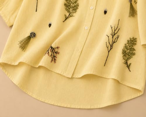 Image of Gufrina Women Designer Botanical Embroidered Korean Style Shirt | Button Down Relaxed Fit | High Low Hem Three Quarter Sleeve | Casual Smart Top-Shirt