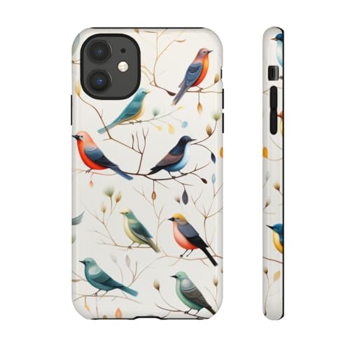 Coque iPhone 11 oiseaux colorés rigide et brillante blanche