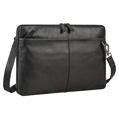 STILORD 'Graham' Bolso Ordenador Portátil Piel 15.6 Pulgadas Delgada Funda Portatil Protectora Maletín de Cuero Fino Bolsa Bandolera con Correa Ajustable Asa Mujer Hombre, Color:negro