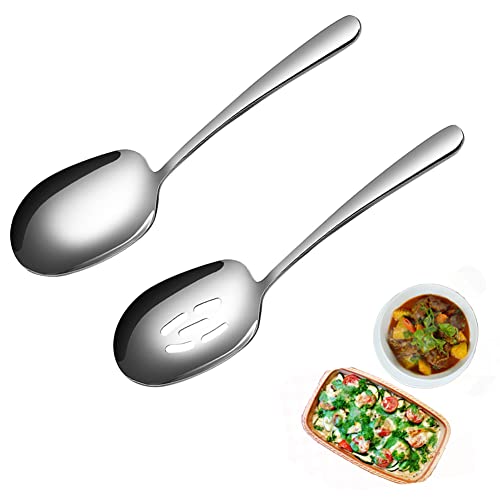 Cucharas para servir y cucharas ranuradas de acero inoxidable, 2 cucharas grandes para servir, cucharas con asas largas, cucharas de buffet para banquetes de buffet, vajilla doméstica (25 cm)