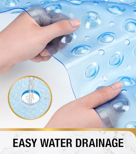Image of HITSLAM Shower Bathtub Mat Non Slip, 24 inchx 24 inch Bath Mat for Tub, Soft PVC Shower Mats for Inside Shower with Suction Cups and Center Drain Hole, Machine Washable Bathroom Floor Mat, Blue