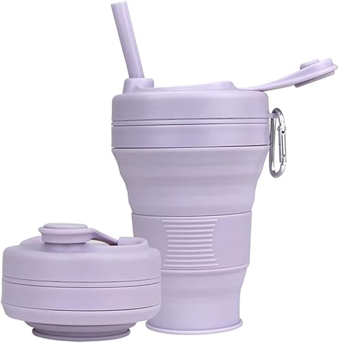 Taza de Café de Silicona con Pajita y Tapa, Tazas Plegables para Viajar, 20oz, Taza Plegable Ligera para Picnic, Senderismo, Camping, Escalada
