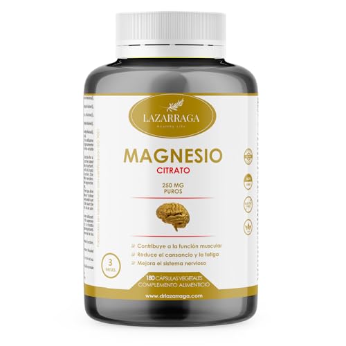 Lazarraga Citrato de Magnesio 250mg puros de Magnesio elemental | Disminuye el cansancio y la fatiga, mejora el funcionamiento del sistema nervioso y músculos | 180 cápsulas Veganas