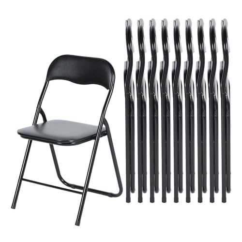 EGGREE Juego de 10 Sillas Plegables con Estructura Metálica y Asiento de PVC Suave, Sillas de Camping Portátiles con Capacidad de 110 KG, Conjunto de Sillas Negras Ideal para Interior/Exterior