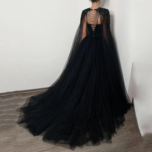 Mouccy Gorgeous Beaded Black Wedding Dresses with Cape Strapless Wedding Gowns for Bride Long Pearly Tulle Bridal Gowns4