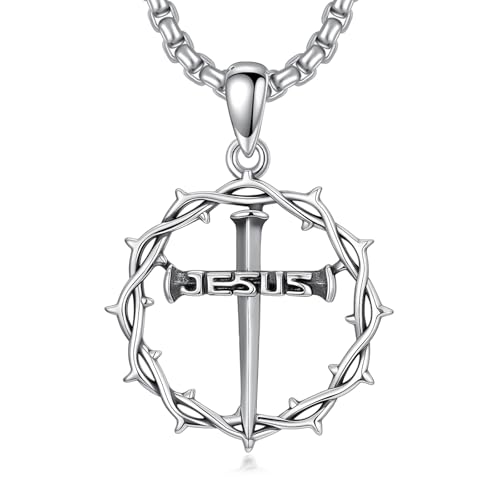 SIMONLY Crowm of Thorns Necklace for Men 925 Sterling Silver Crucifix Cross Pendant Necklace Cross Faith Jewelry Gifts