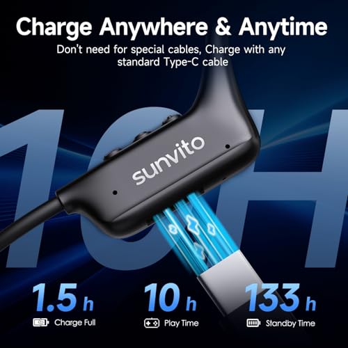 sunvito Bone Conduction Headphones, Open Ear Bluetooth 6.1 Sports Headset with Mic, IPX7 Waterproof Running Headphones with 10H Playtime, Lightweight Comfortable Earphones for Workout, Gym, Black — view 5