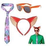 RAOPNHS Juego de disfraz de zorro para adultos, mujeres y hombres, accesorios de carnaval con orejas de zorro mullidas, diadema, corbata floral y gafas de sol naranjas para carnaval, cosplay, fiesta