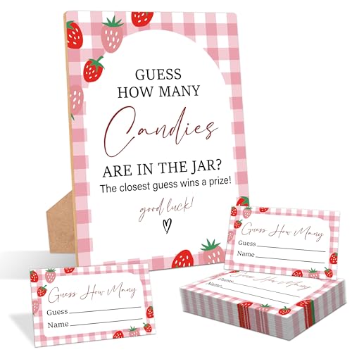 Pink Gingham Berry Guess How Many Candies Are In The Jar Game, Pack of 1 Wooden Tabletop Sign with Stand and 50 Guessing Cards, Strawberry Baby Shower Game, Gender Reveal Party Decorations - KA07