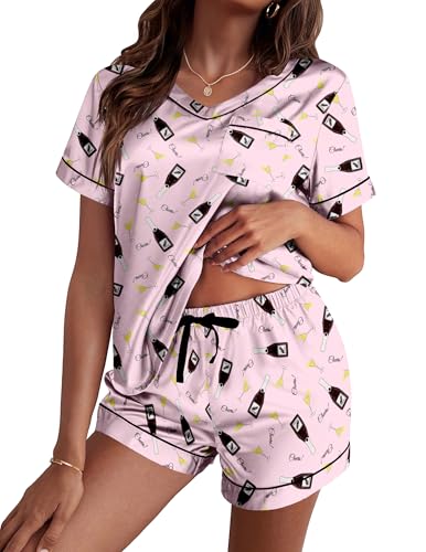 Ekouaer Silk Pajama for Women Short Sleeve Satin Pj Set Two Piece Soft Sleepwear Loungewear Casual Pjs for Summer Pink Wine Glass M