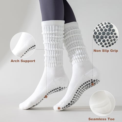 BISOUSOX Pilates Socks Slouch Scrunch Grip Socks, Yoga Grippy Barre Anti Slip Long Ankle Crew Sock for Women Hospital3