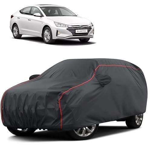 Image of Sulfar 100% Water Resistant Car Body Cover Compatible with Mirror for Hyundai Elantra (Triple Stitched, Full Bottom Elastic, Dark Grey Taffeta with Red Piping)