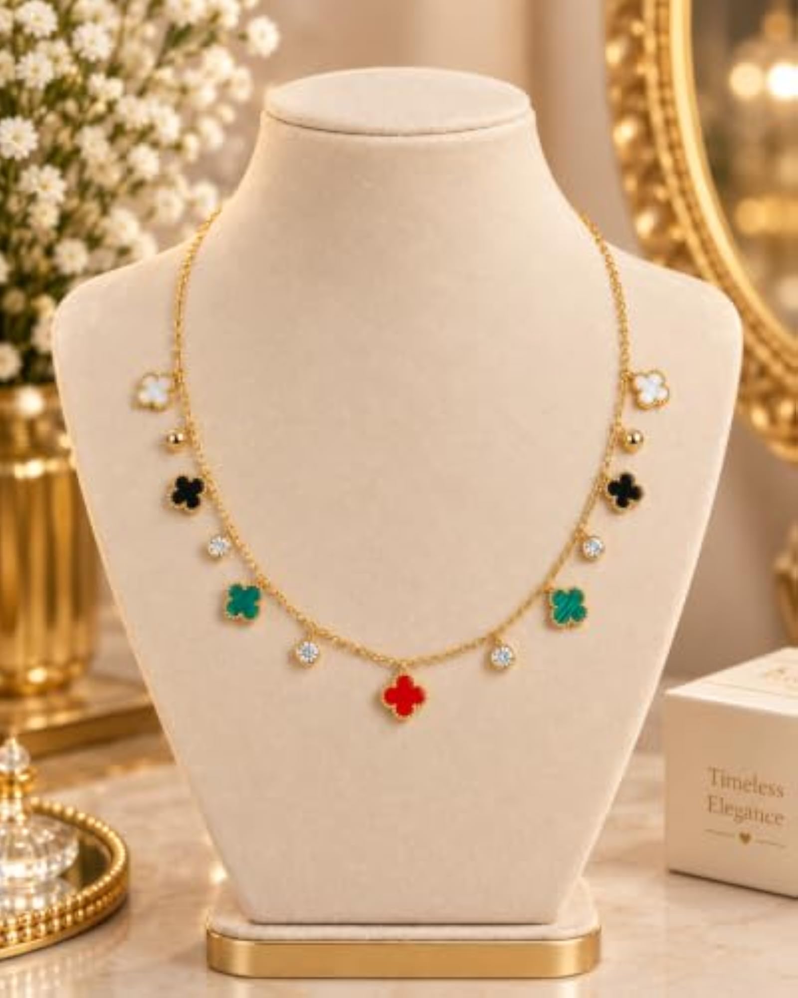 Four Leaf Clover Charm Necklace with Crystal Accents, Gold-Plated